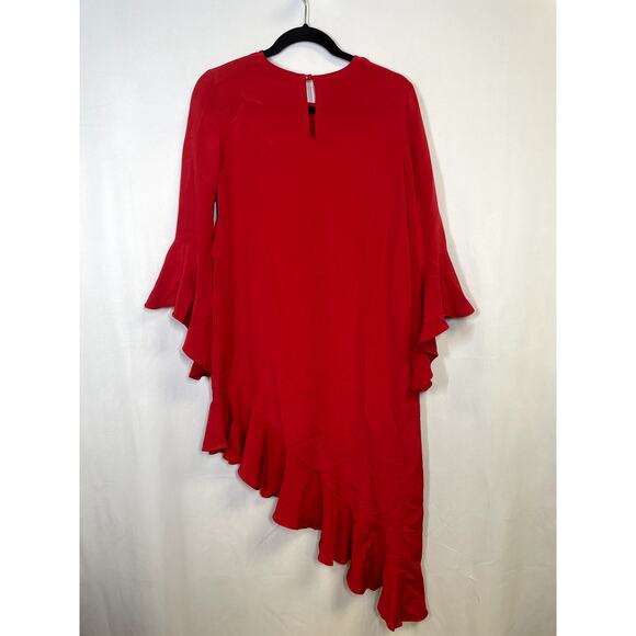 ALEXIS Hazel Bell Sleeve Asymmetric Ruffle Silk Midi Dress Red Size M $565 - Picture 8 of 15